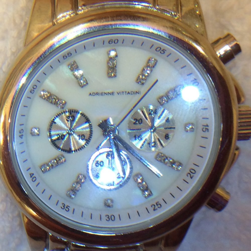 Adrienne Vittadini Stainless Quartz Watch with rhinestones Chronograph Style